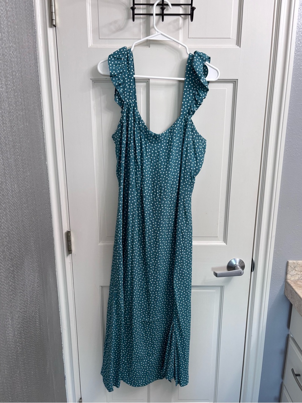LOFT Teal Polka Dot Ruffle-Shoulder Midi Dress